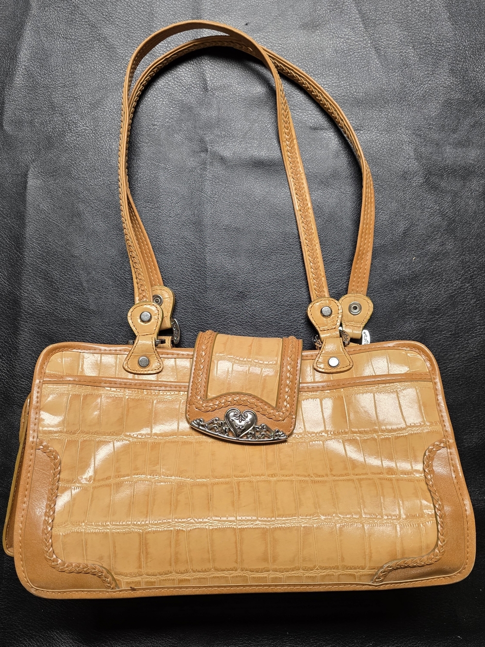 Croc-Embossed Shoulder Bag in Tan with Silver Heart Detail
